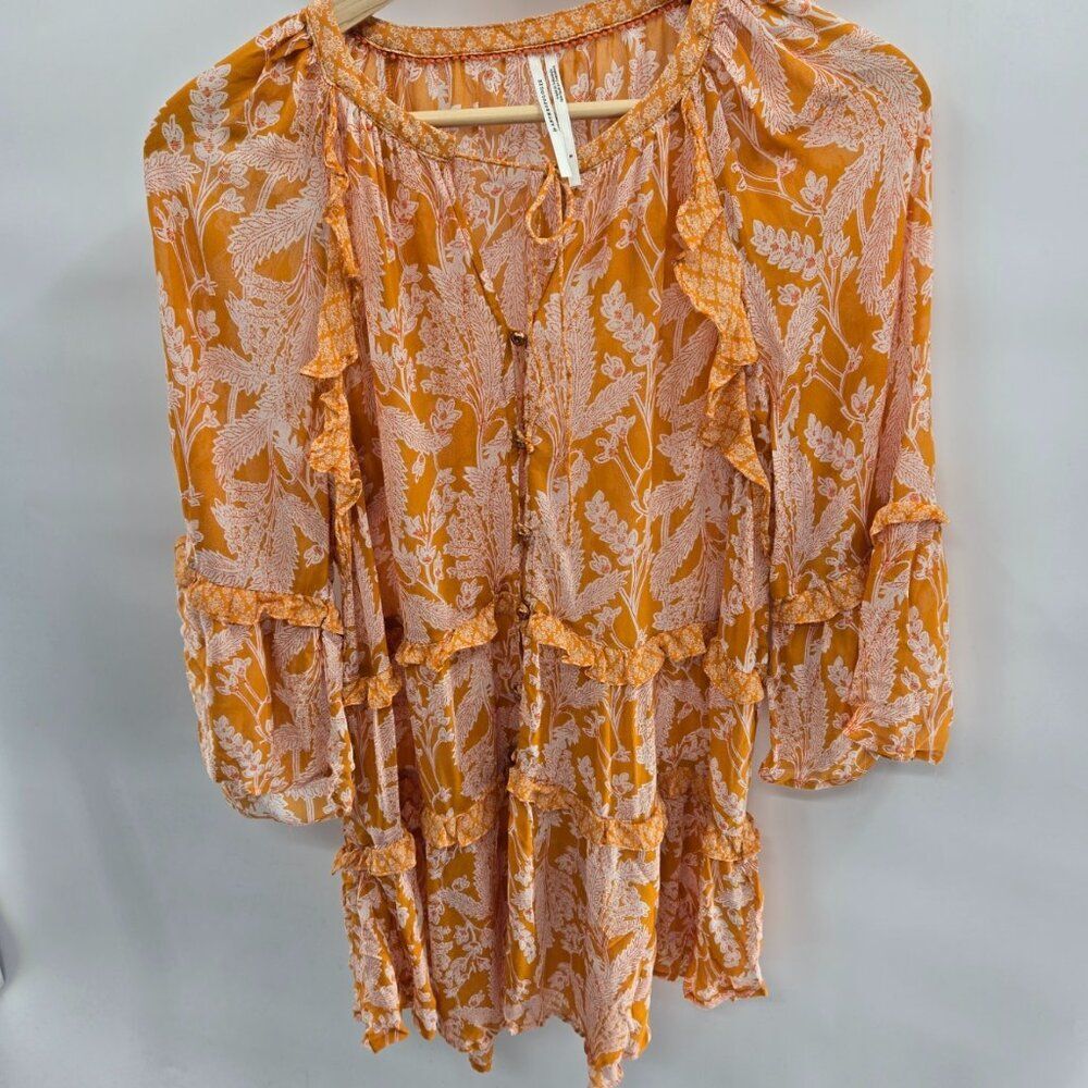 Anthropologie Orange Mia Tiered Boho 3/4 Sleeve Tunic Top Size Small